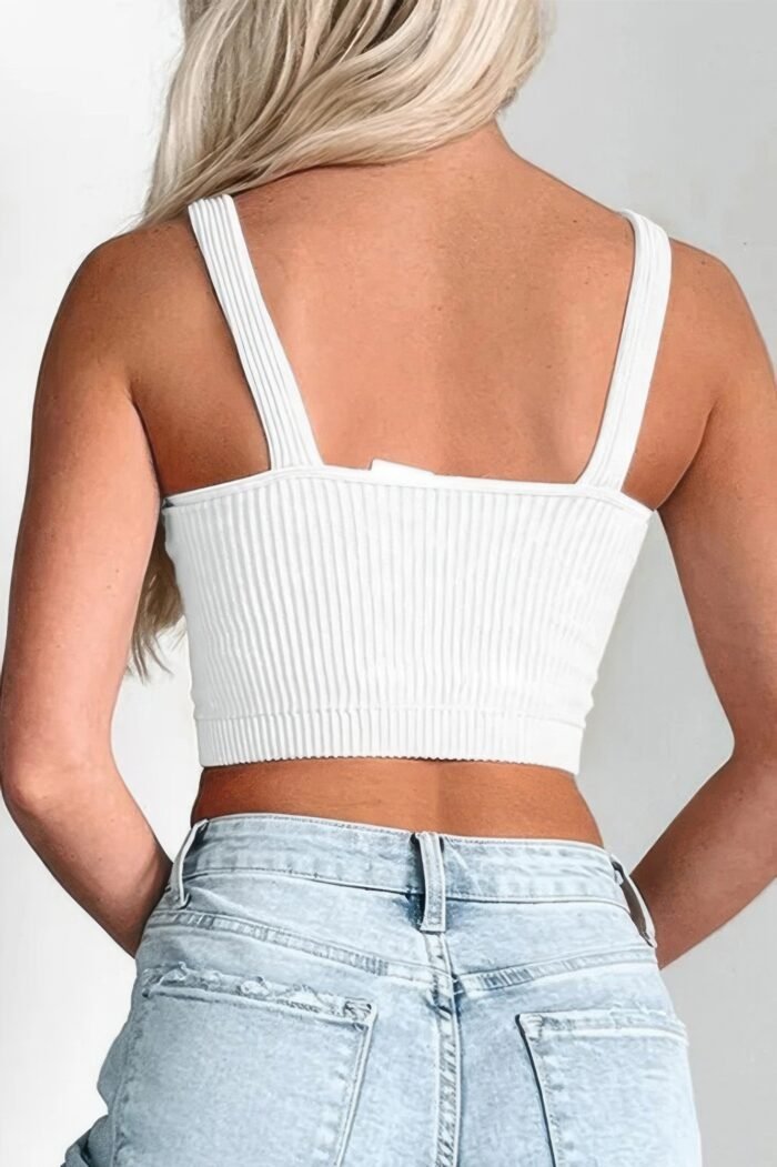 Solid V Neck Elastic Sleeveless High Waist Top - Image 7