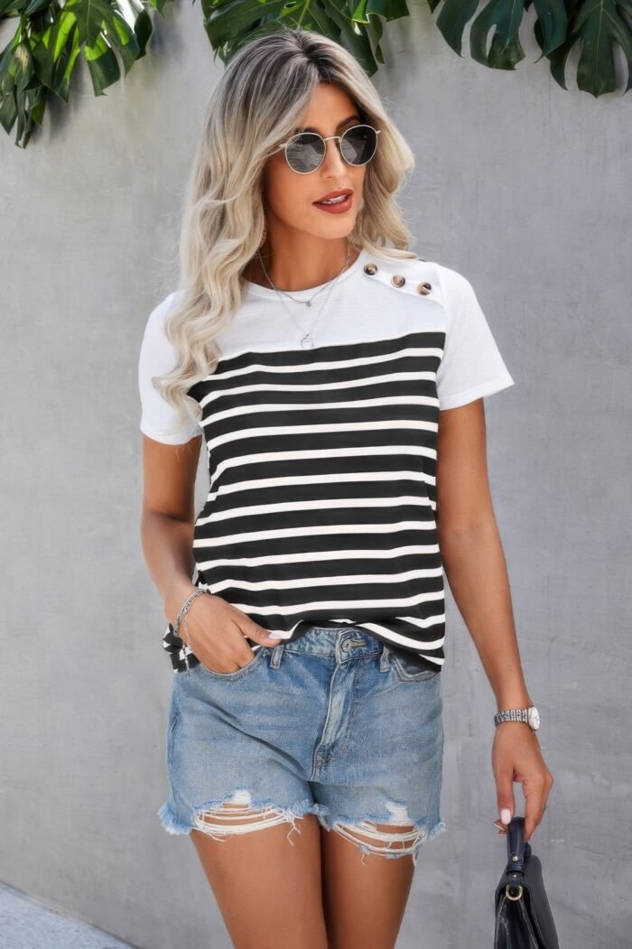 Strip Round Neck Loose Fit Button Tee - Image 1