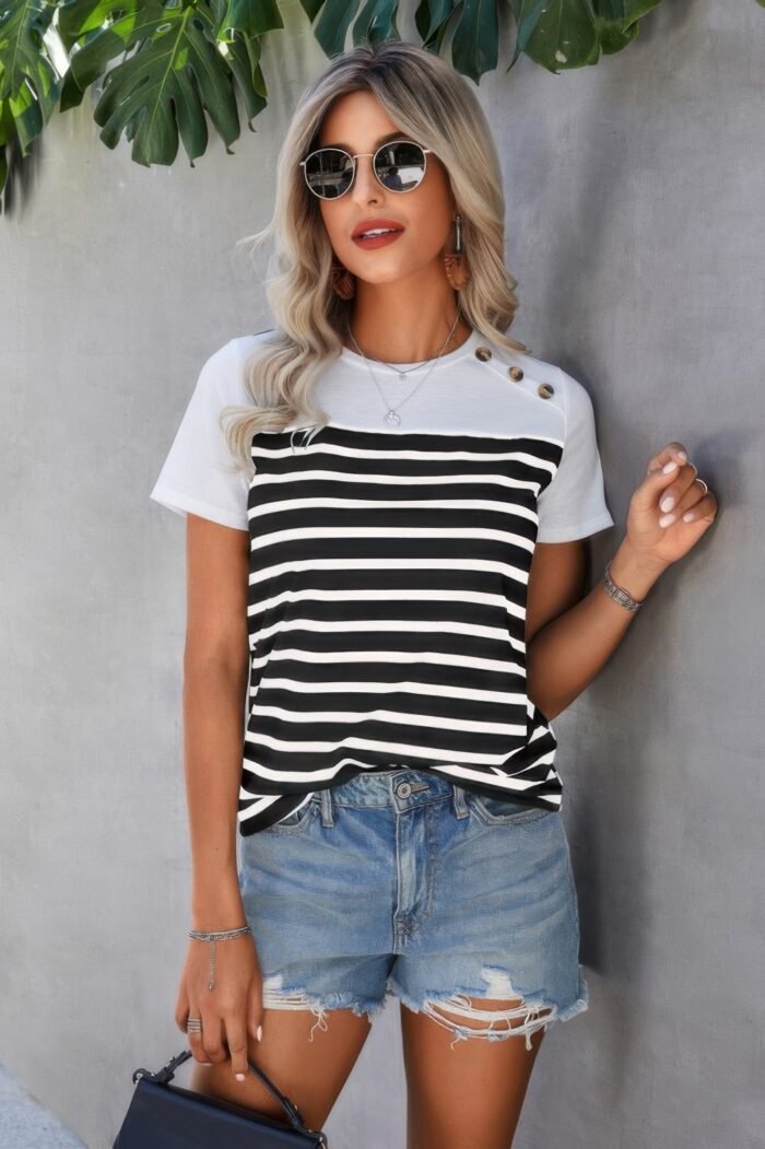 Strip Round Neck Loose Fit Button Tee - Image 2