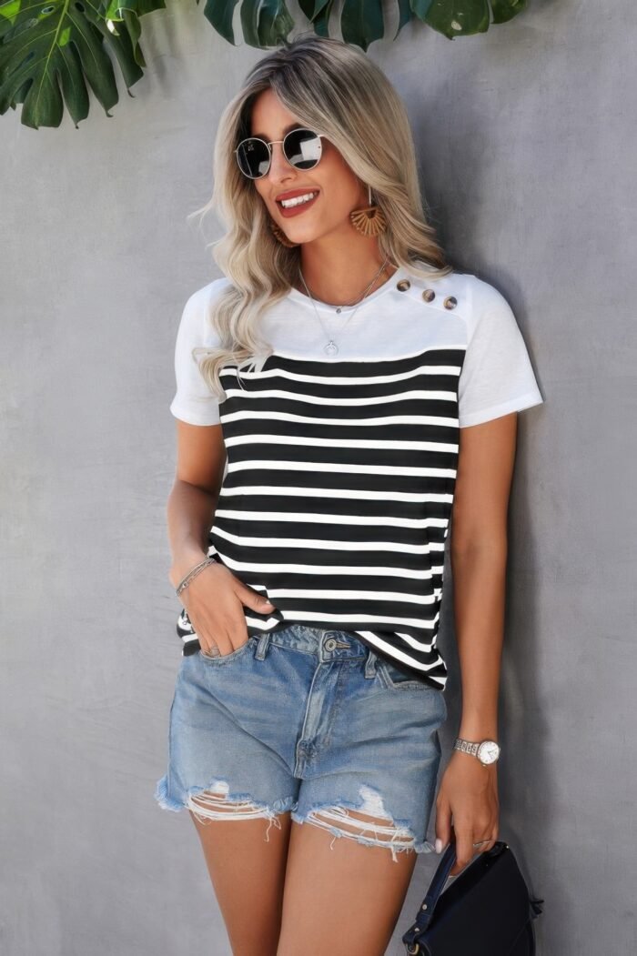 Strip Round Neck Loose Fit Button Tee - Image 3