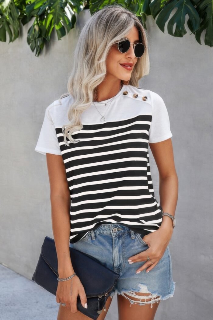 Strip Round Neck Loose Fit Button Tee - Image 4