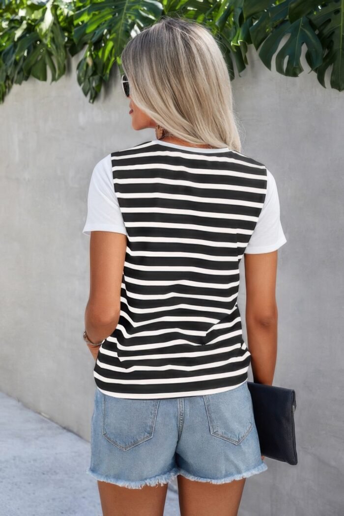 Strip Round Neck Loose Fit Button Tee - Image 5