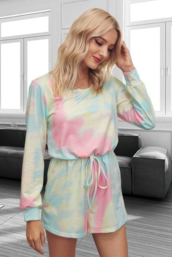 Tie dye round neck drawstring romper - image 3