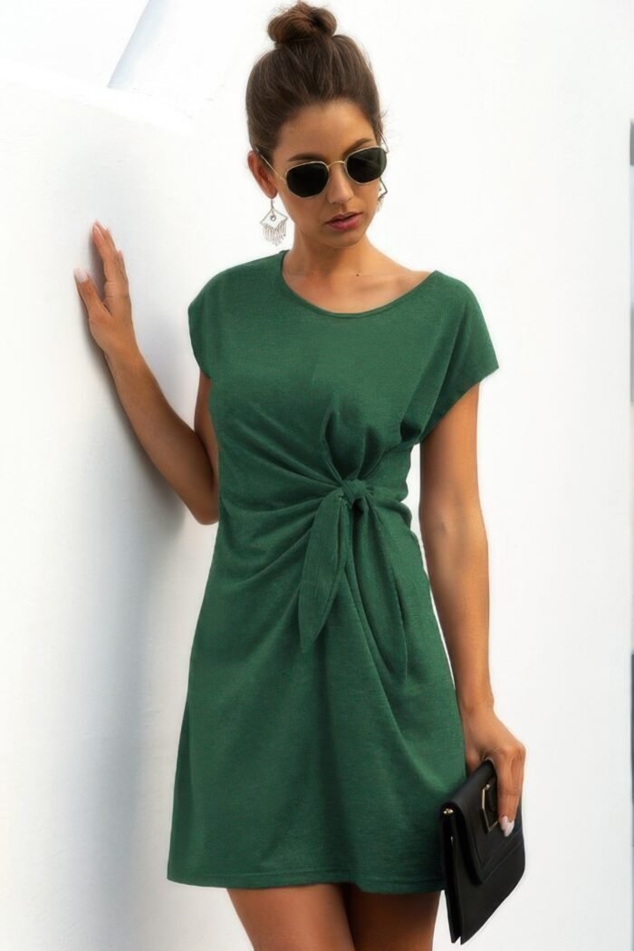 Solid Twist Knot Front Short Sleeve Tee Fit Dress - Image 1