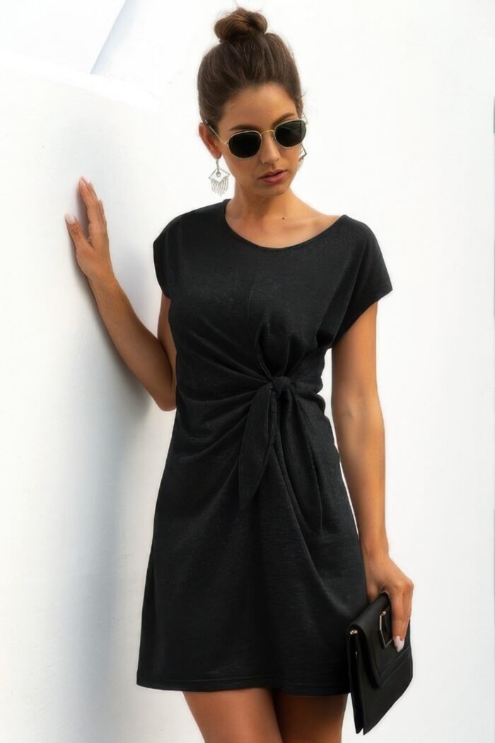Solid Twist Knot Front Short Sleeve Tee Fit Dress - Image 2