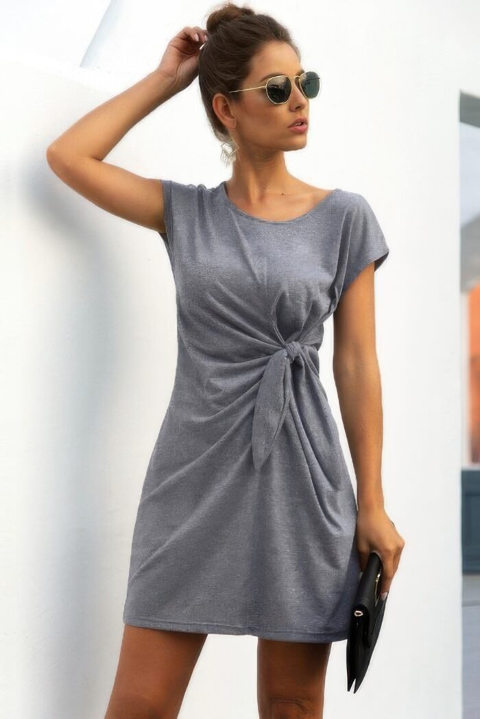 Solid Twist Knot Front Short Sleeve Tee Fit Dress - Image 5