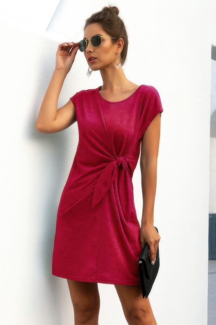 Solid Twist Knot Front Short Sleeve Tee Fit Dress - Image 6