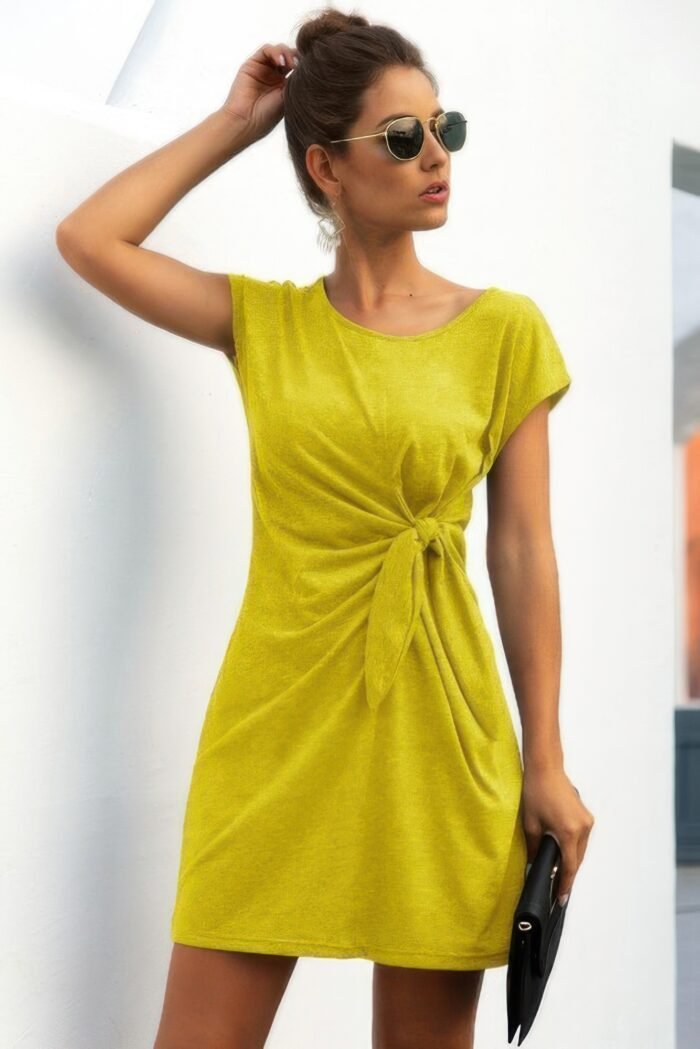 Solid Twist Knot Front Short Sleeve Tee Fit Dress - Image 7