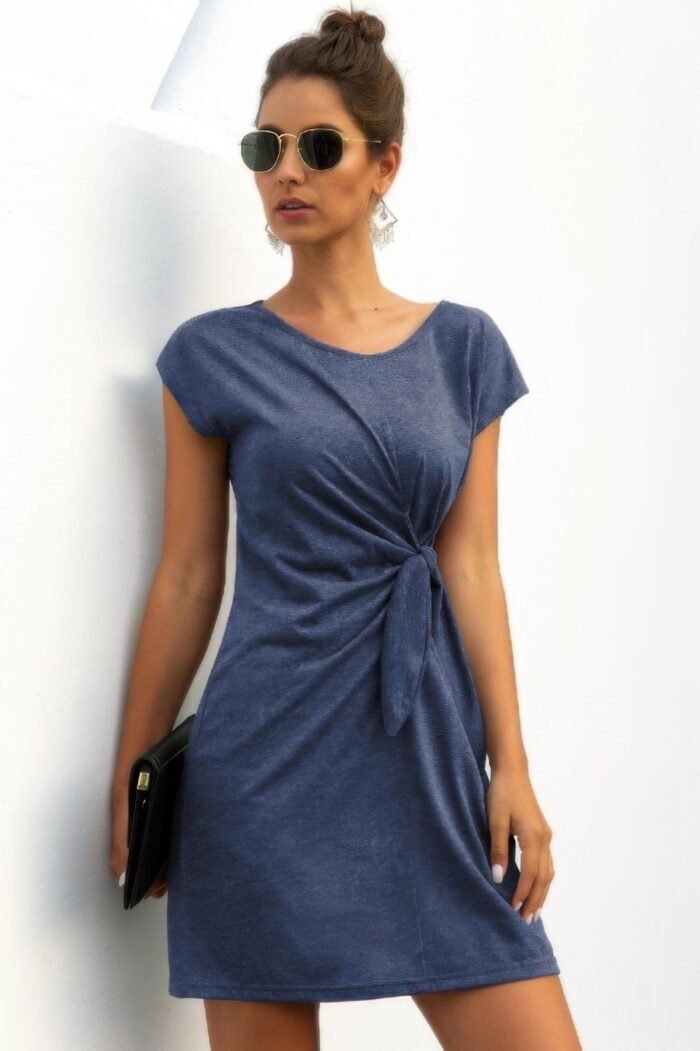 Solid Twist Knot Front Short Sleeve Tee Fit Dress - Image 8