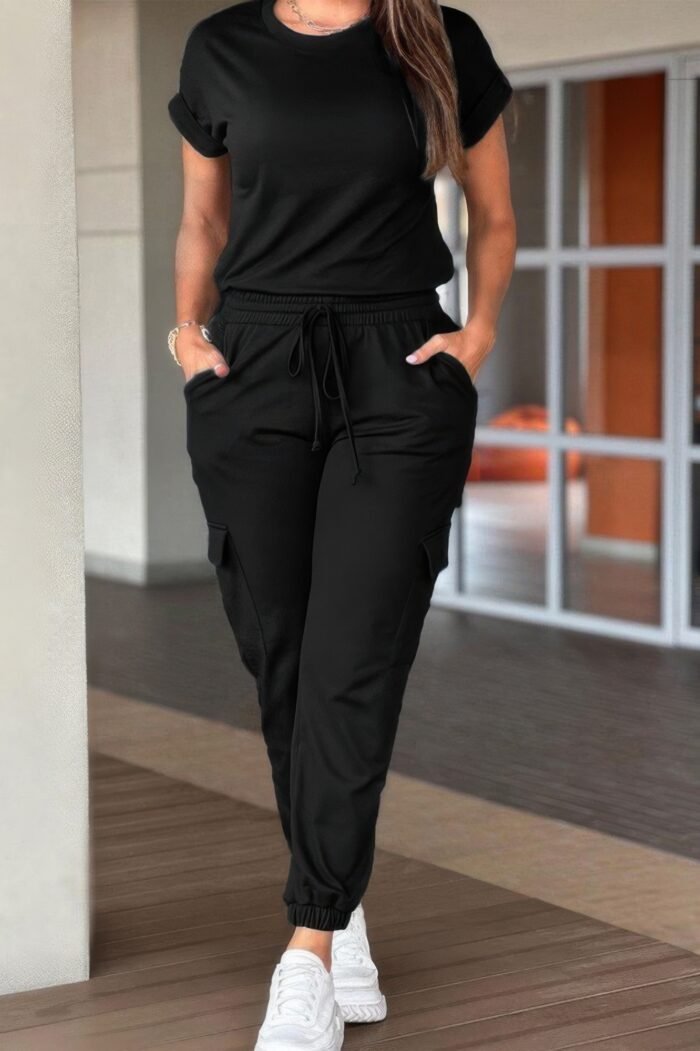 Crew neck short sleeve drawstring waist jumpsuit - image 4