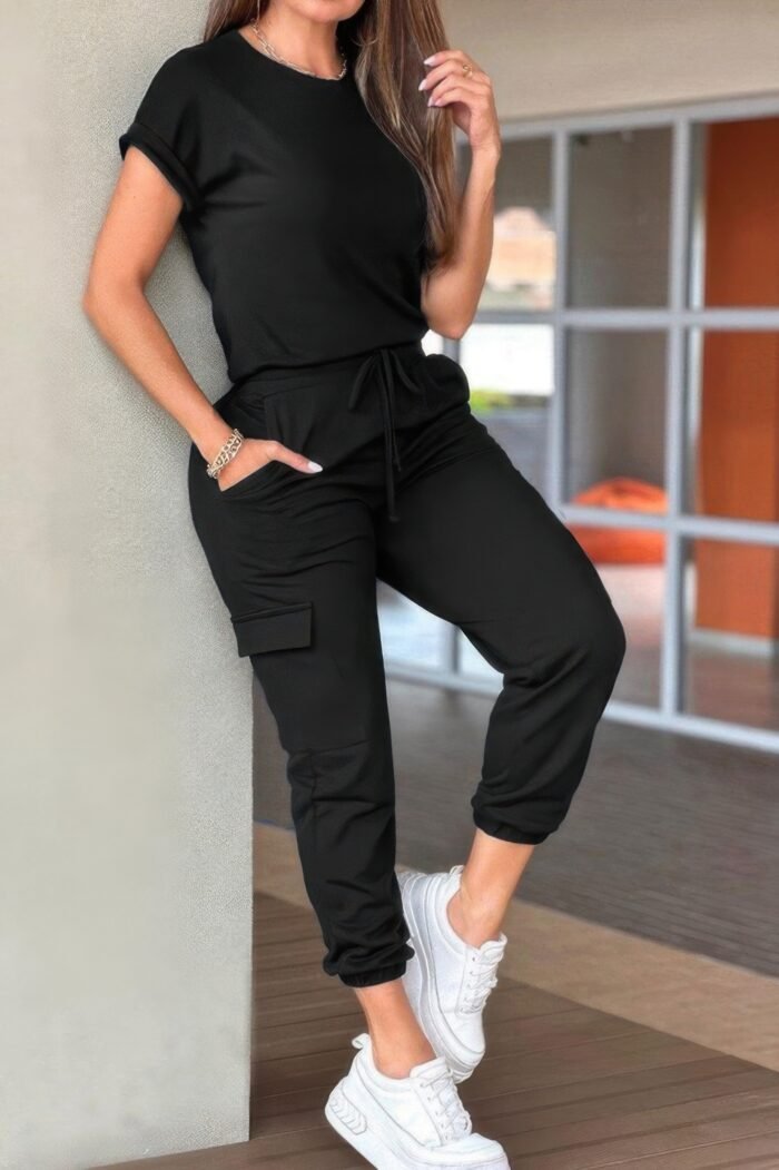 Crew neck short sleeve drawstring waist jumpsuit - image 6