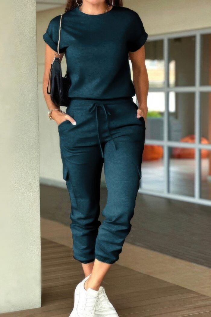 Crew neck short sleeve drawstring waist jumpsuit - image 8