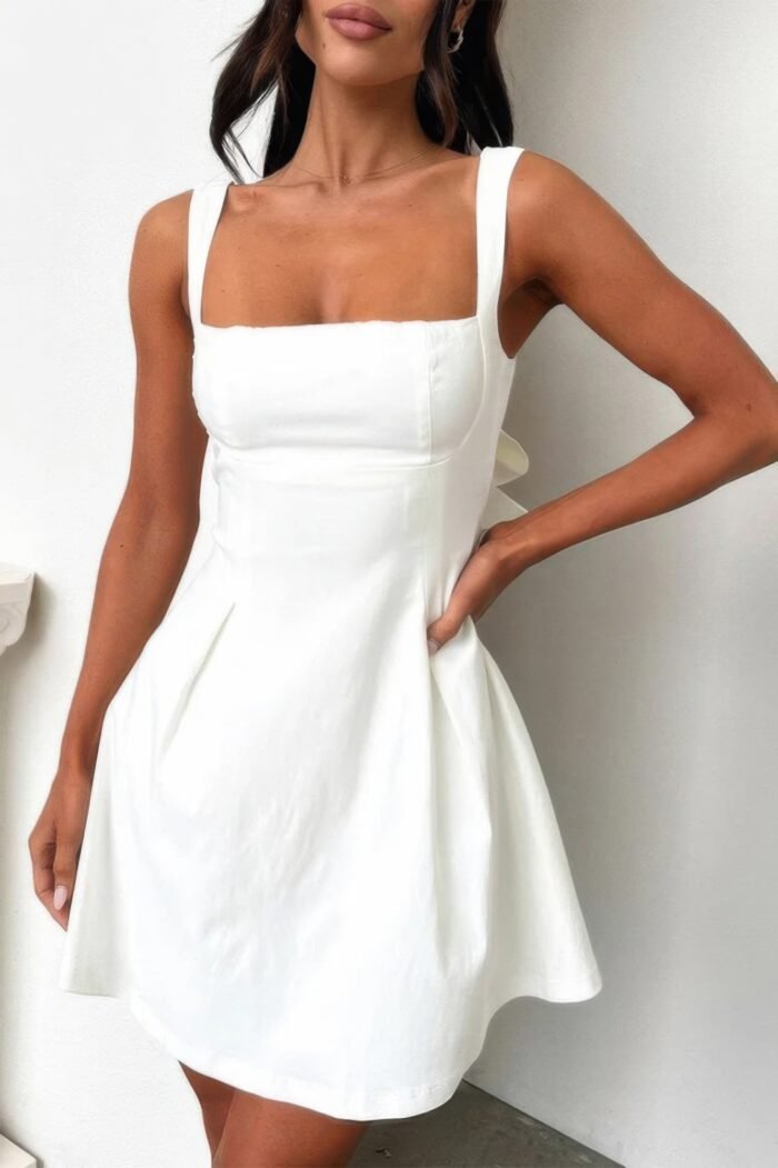 Solid Sleeveless Fit Wide Strap A Line Dress - Image 5