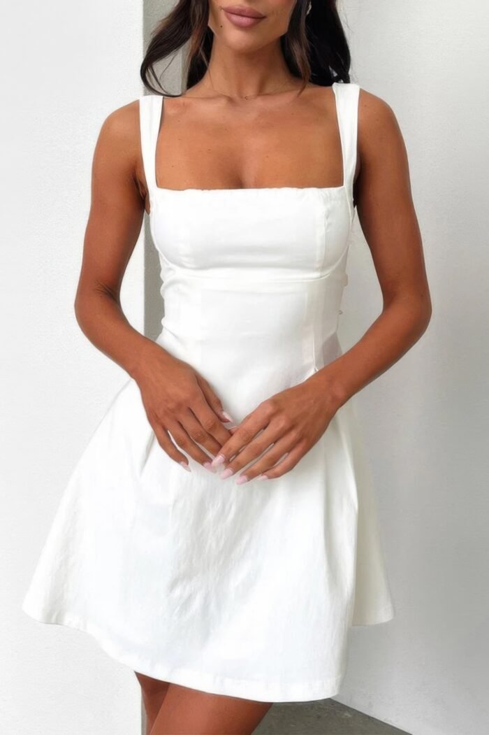 Solid Sleeveless Fit Wide Strap A Line Dress - Image 8