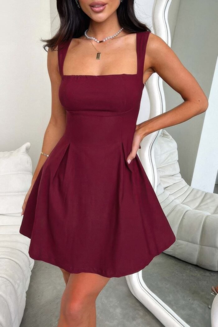 Solid Sleeveless Fit Wide Strap A Line Dress - Image 9