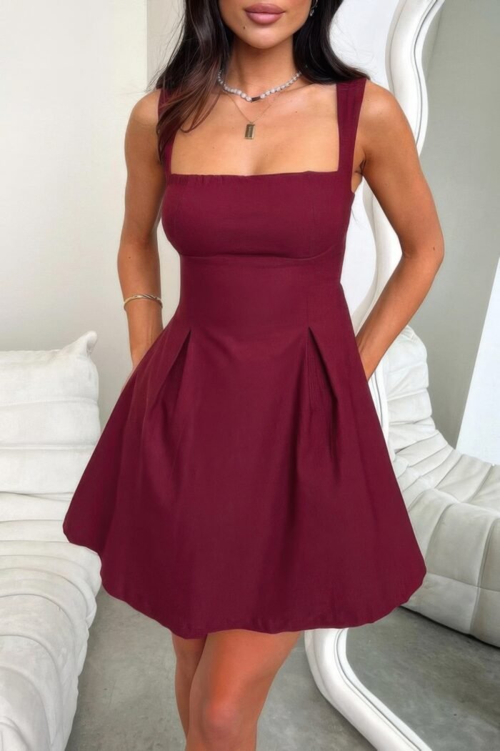 Solid Sleeveless Fit Wide Strap A Line Dress - Image 10