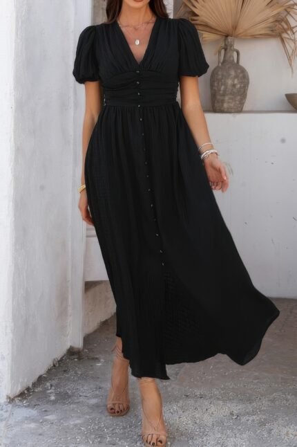 Puff Sleeves Dress - Solid V Neck Solid Knot Dress