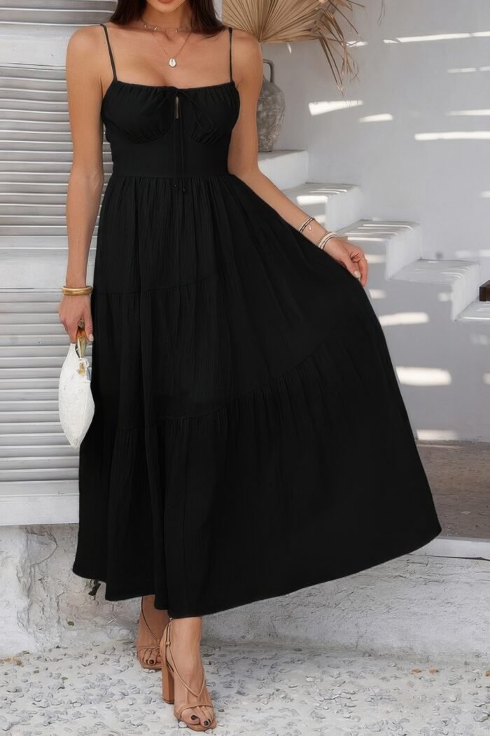 Solid Sleeveless Smocked Tiered Maxi Cami Dress - Image 3