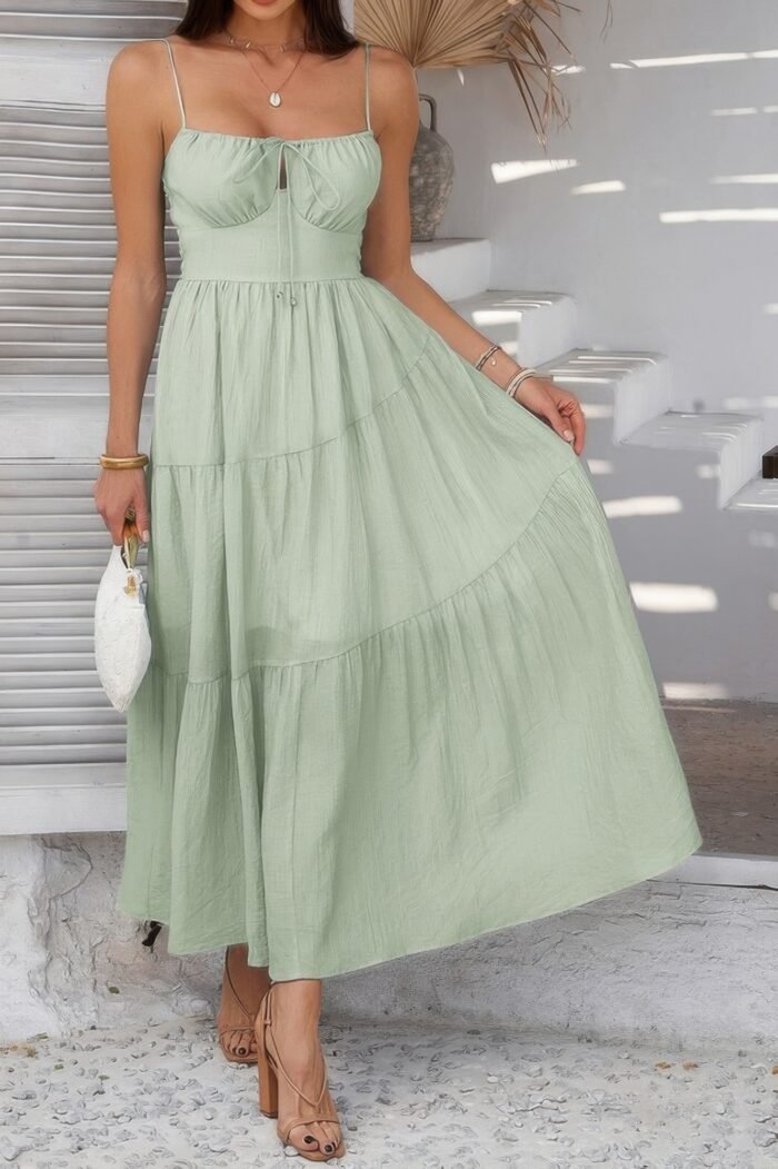 Solid Sleeveless Smocked Tiered Maxi Cami Dress - Image 7