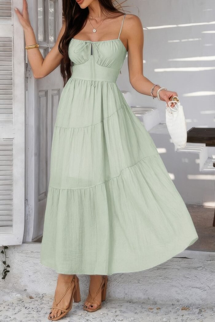 Solid Sleeveless Smocked Tiered Maxi Cami Dress - Image 9