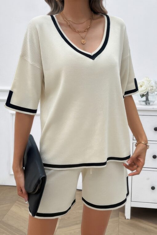 Knit Solid Deep V Neck Loose Drawstring Loose Set - Image 4