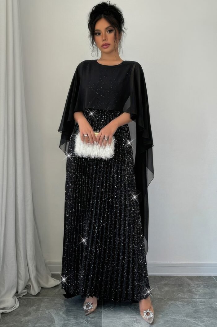 Solid Elegant Sequin Satin Knit Party Long Dress - Image 3