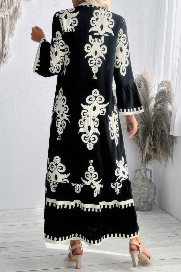 V Neck Stand Collar Button Floral Splicing Dress - Image 2