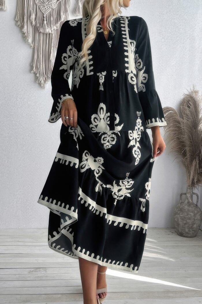 V Neck Stand Collar Button Floral Splicing Dress - Image 3