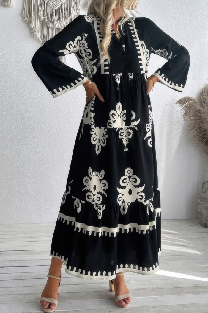 V Neck Stand Collar Button Floral Splicing Dress - Image 4