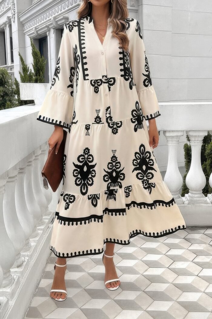 V Neck Stand Collar Button Floral Splicing Dress - Image 5