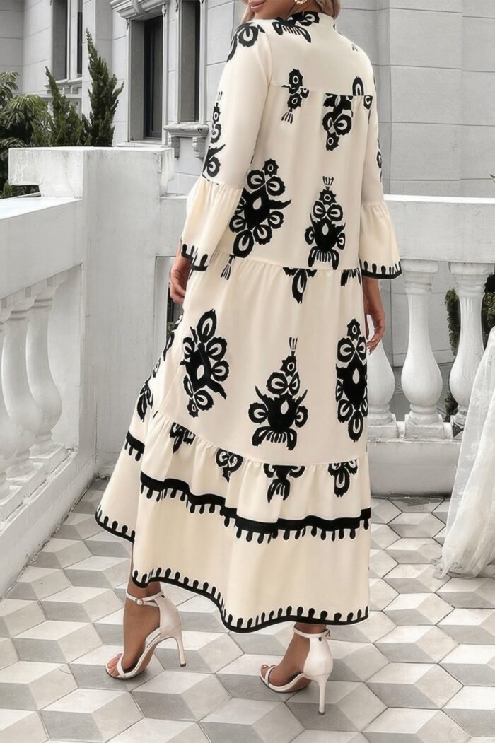 V Neck Stand Collar Button Floral Splicing Dress - Image 6