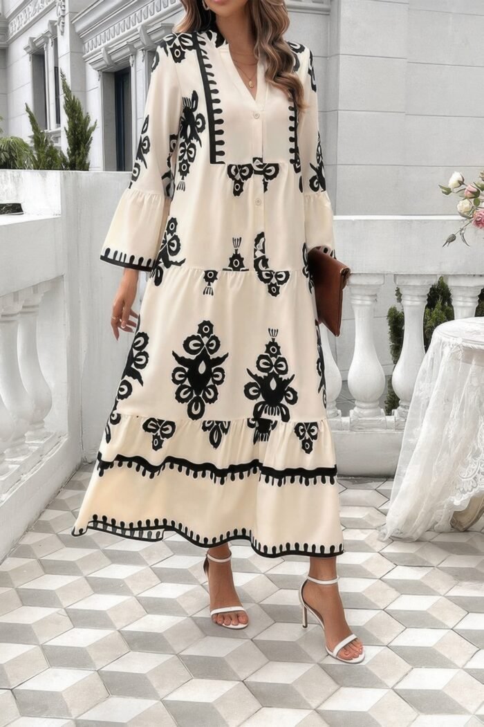 V Neck Stand Collar Button Floral Splicing Dress - Image 7