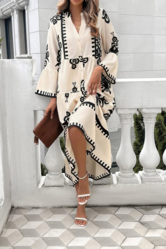 V Neck Stand Collar Button Floral Splicing Dress - Image 8