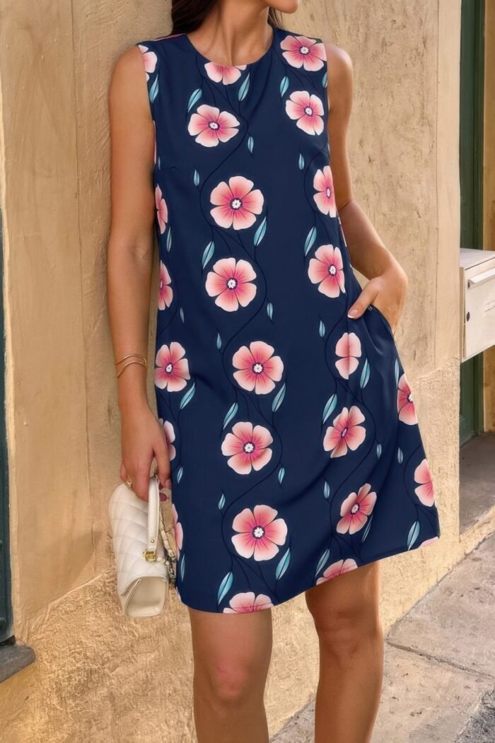 Round Neck Floral Print Sleeveless Loose Dress - Image 2
