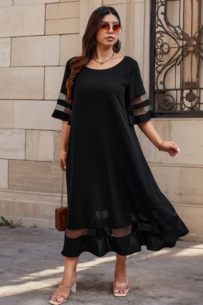 Plus Size Mesh Splicing Round Neck Long Dress - Image 4