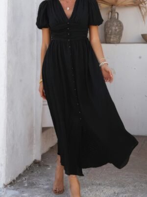 solid-v-neck-puff-sleeves-dress-front-view