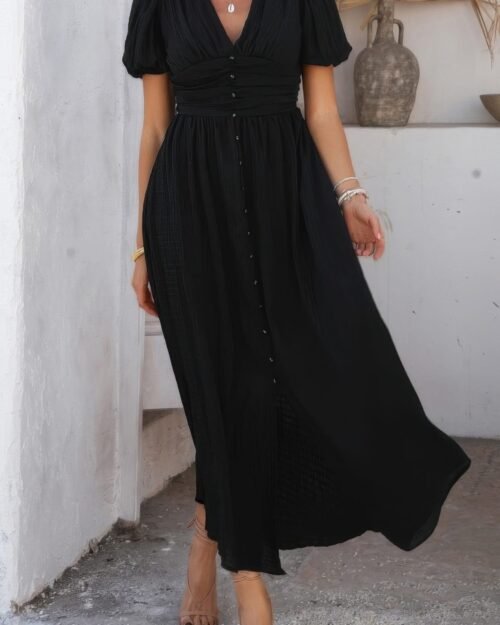 solid v neck puff sleeves solid knot detail dress