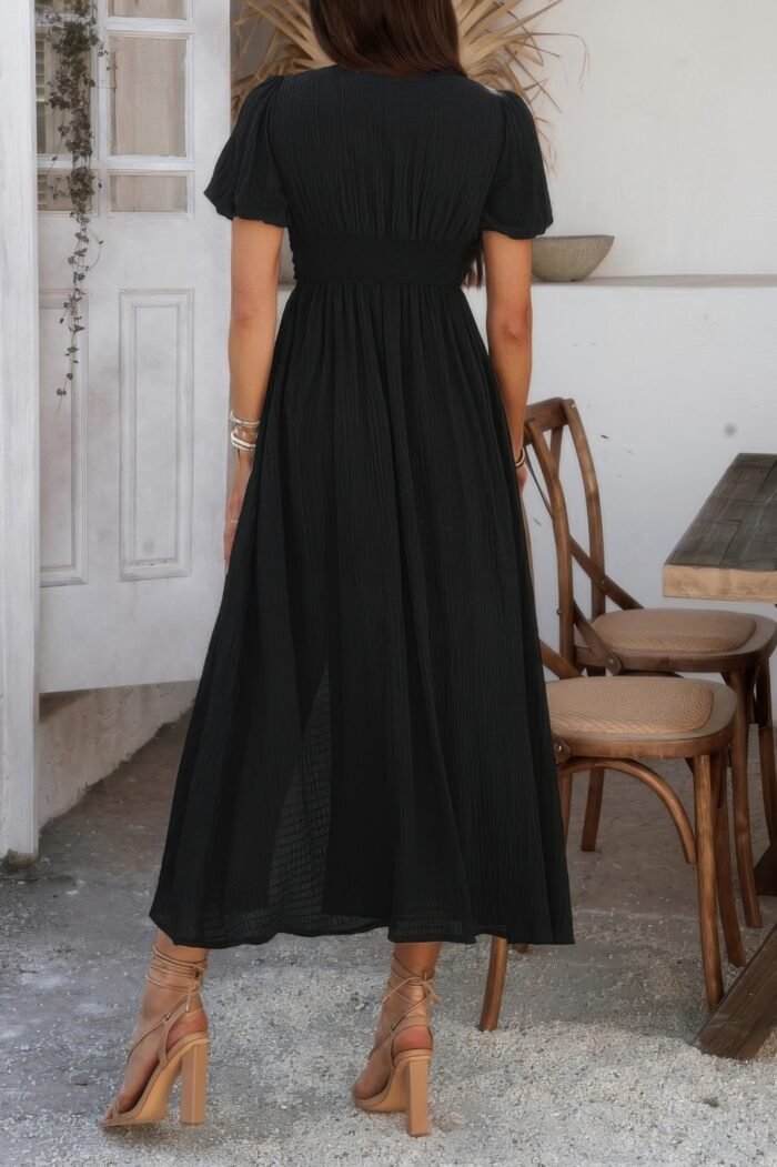 Solid V Neck Puff Sleeves Solid Knot Detail Dress - Image 3