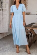 Solid V Neck Puff Sleeves Solid Knot Detail Dress