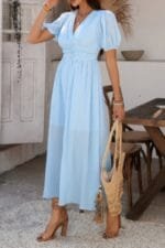 Solid V Neck Puff Sleeves Solid Knot Detail Dress