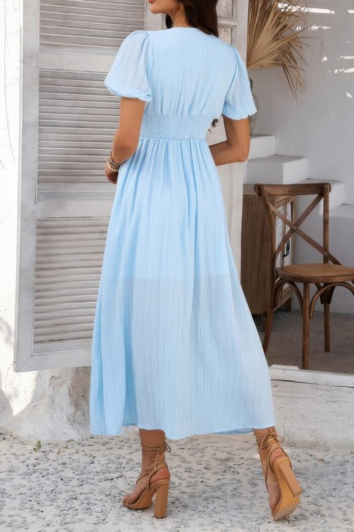 Solid V Neck Puff Sleeves Solid Knot Detail Dress - Image 6