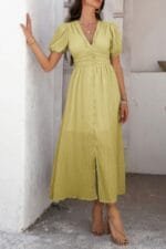 Solid V Neck Puff Sleeves Solid Knot Detail Dress