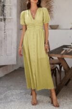 Solid V Neck Puff Sleeves Solid Knot Detail Dress