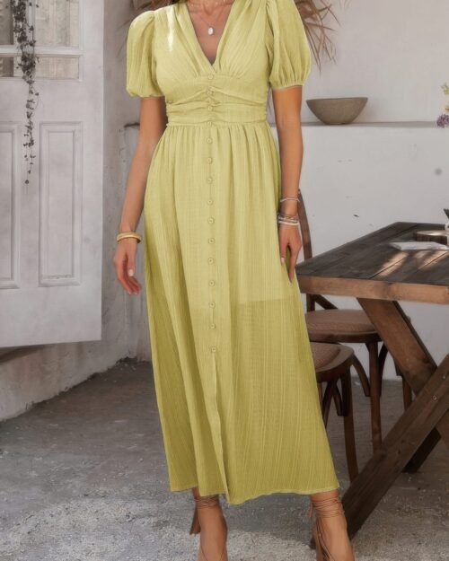 solid v neck puff sleeves solid knot detail dress