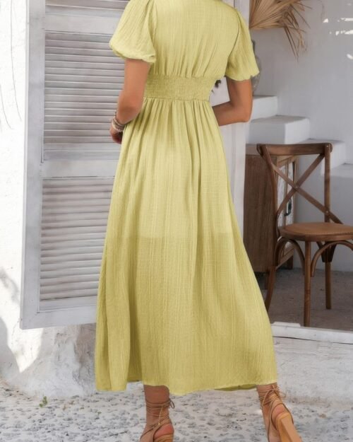 solid v neck puff sleeves solid knot detail dress