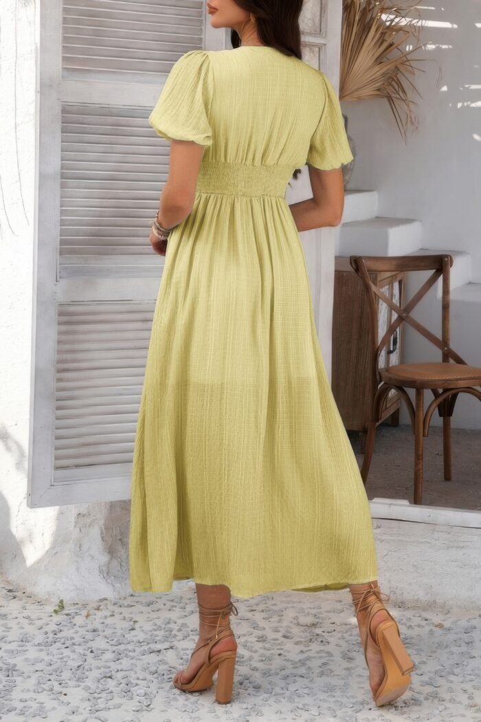 Solid V Neck Puff Sleeves Solid Knot Detail Dress - Image 9