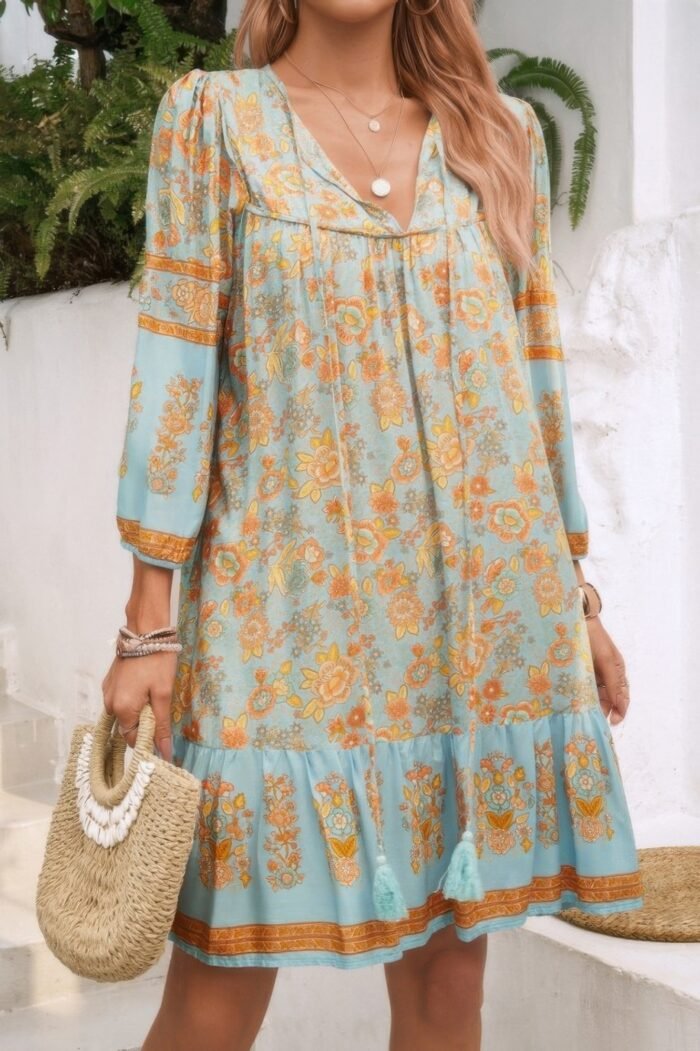 Ruched Bohe Print V Neck Ruffle Hem Tassel Dress - Image 1