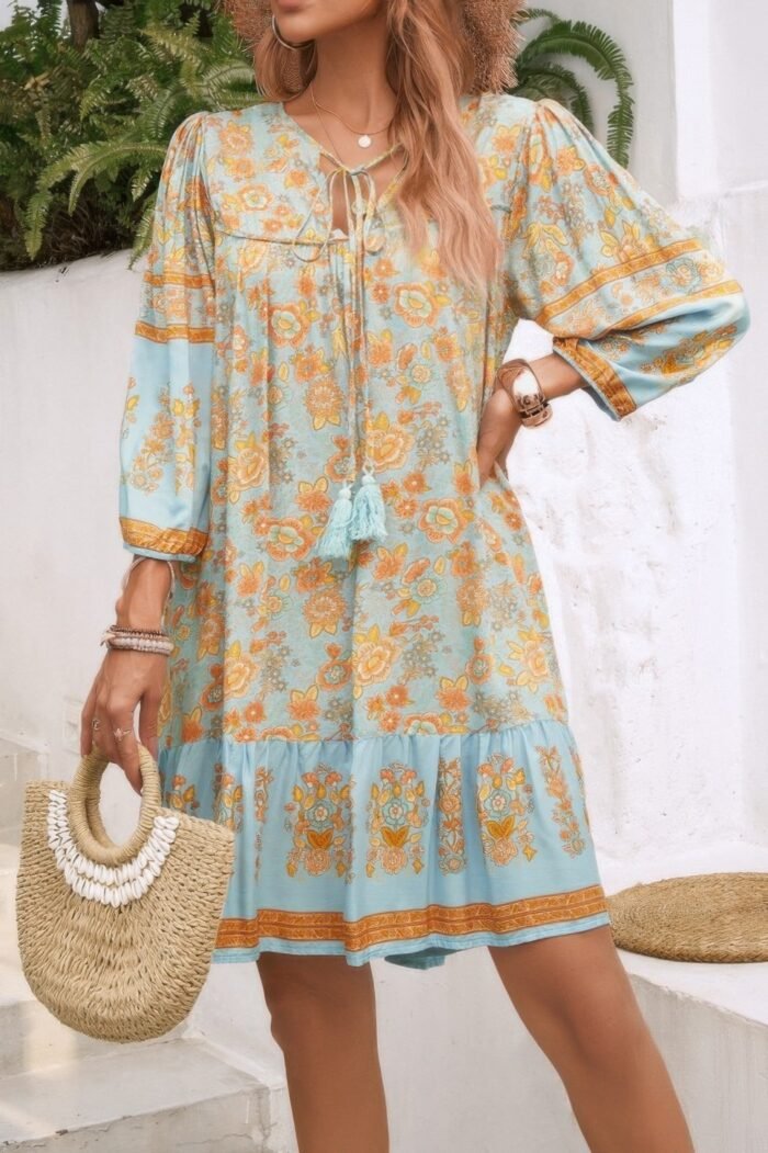 Ruched Bohe Print V Neck Ruffle Hem Tassel Dress - Image 2