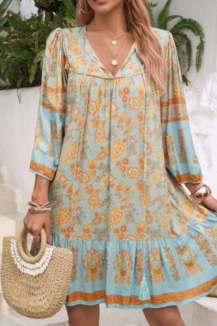 Ruched Bohe Print V Neck Ruffle Hem Tassel Dress - Image 3