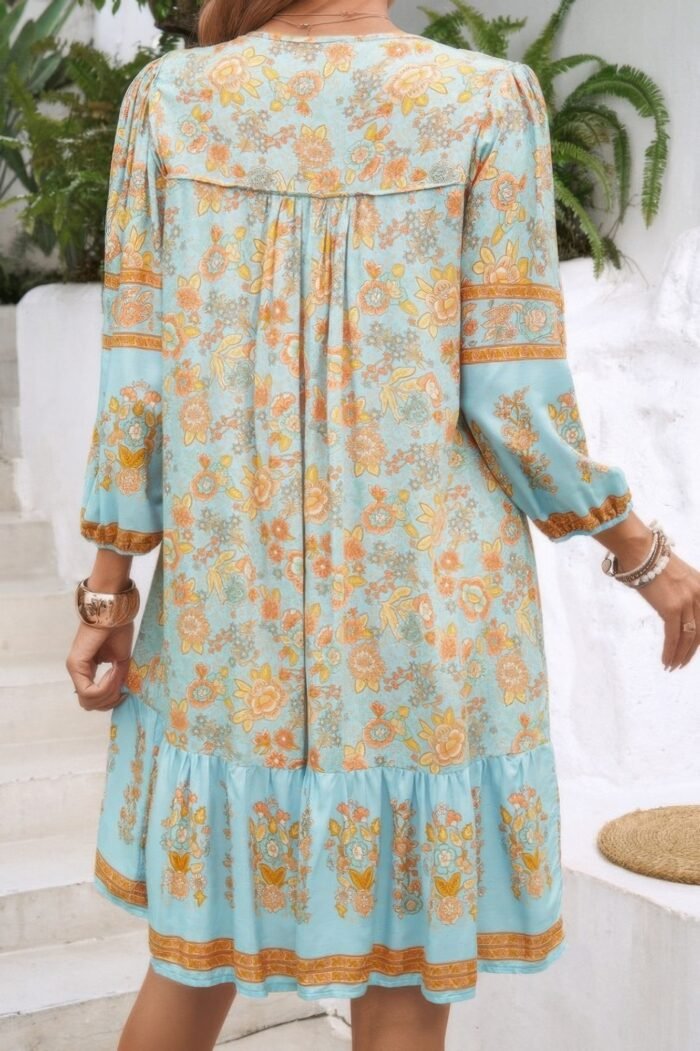 Ruched Bohe Print V Neck Ruffle Hem Tassel Dress - Image 4